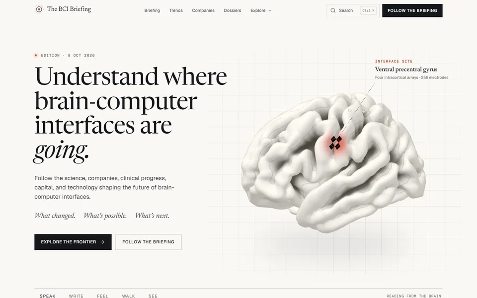 The BCI Briefing homepage with a cortical illustration and articles on brain-computer interfaces.